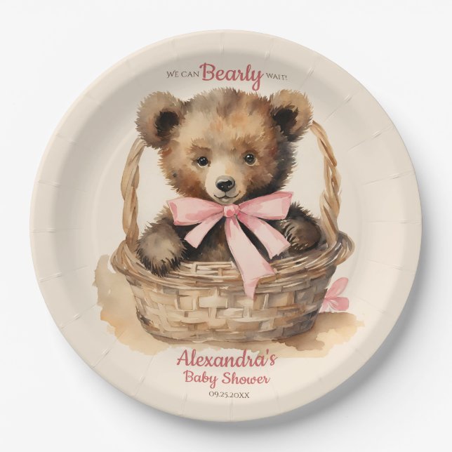 Baby Bear Cub Girls Baby Shower Paper Plate (Front)