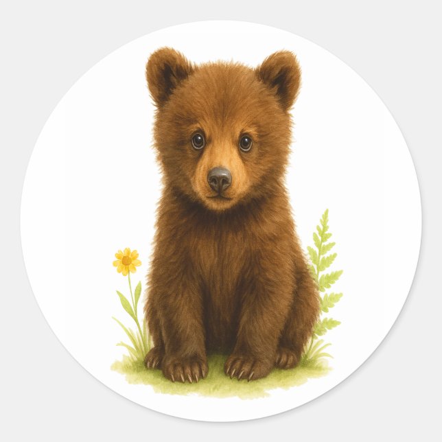 Baby Bear Cub in the Wildflowers Classic Round Sticker (Front)