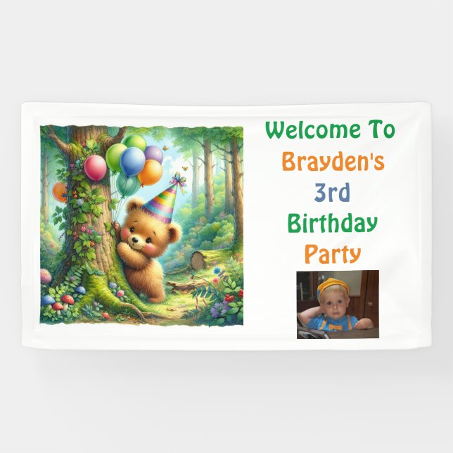 Baby Bear Cub Woodland Themed Birthday Party Banner (Horizontal)