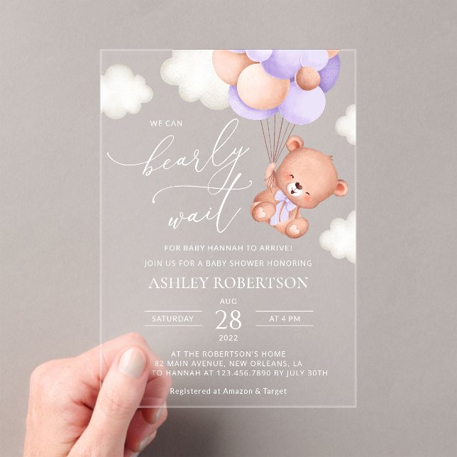 Baby Bear, Cute Bear, Purple Balloons, Baby Shower Acrylic Invitations (Insitu (Handheld))
