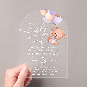 Baby Bear, Cute Bear, Purple Balloons, Baby Shower Acrylic Invitations