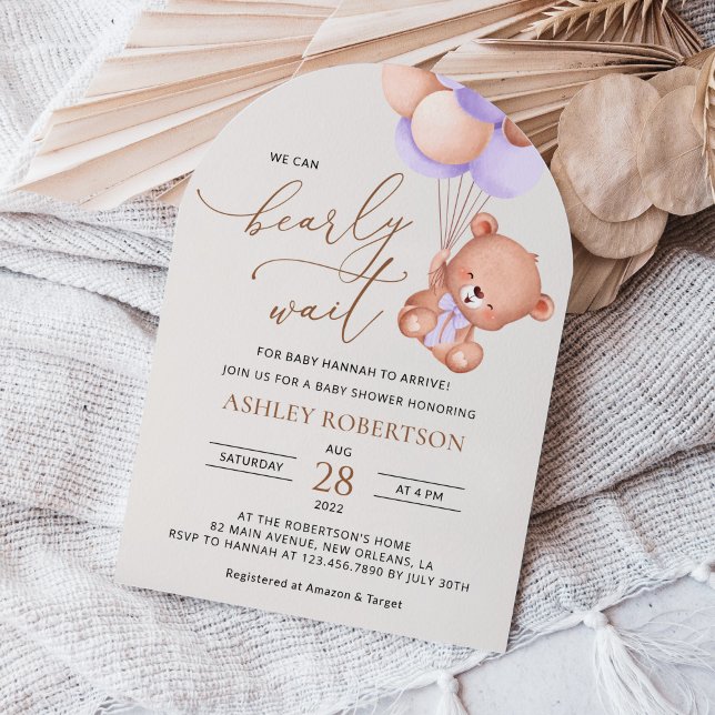 Baby Bear, Cute Bear, Purple Balloons, Baby Shower Invitation (Creator Uploaded)