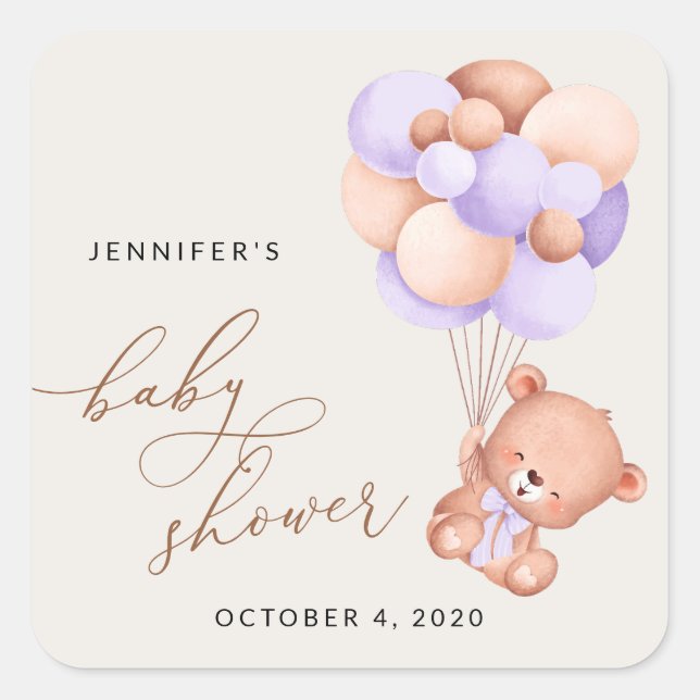 Baby Bear, Cute Bear, Purple Balloons, Baby Shower Square Sticker (Front)