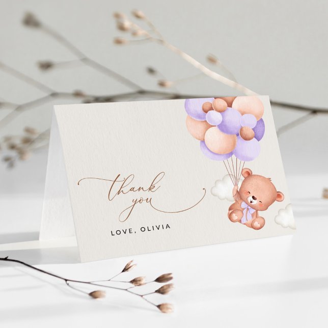 Baby Bear, Cute Bear, Purple Balloons, Baby Shower Thank You Card (Creator Uploaded)