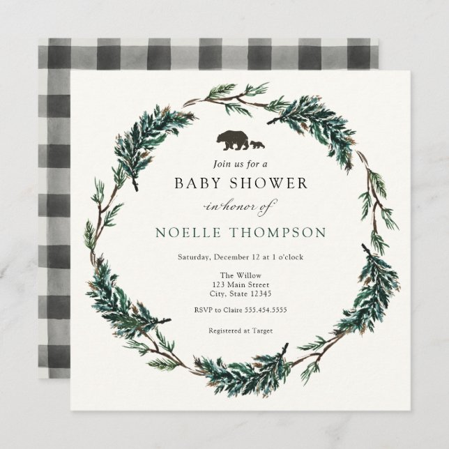 Baby Bear Evergreen Buffalo Plaid  Invitation (Front/Back)