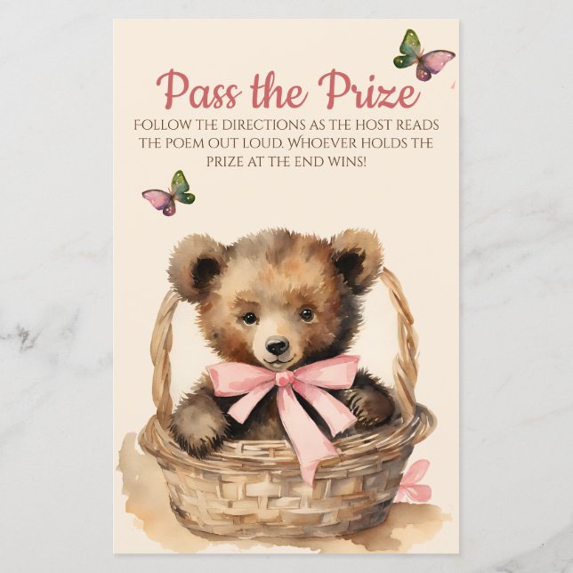 Baby Bear Girl Baby Shower Pass the Prize Game (Back)
