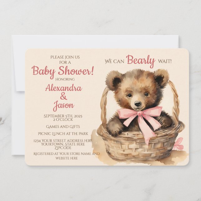 Baby Bear Girl Bearly Wait Baby Shower Invitation (Front)