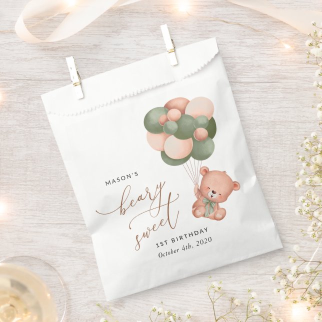 Baby Bear, Green Balloons, First Birthday Favour Bags (Clipped)