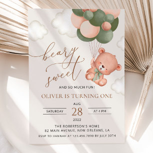 Baby Bear, Green Balloons, First Birthday Invitation