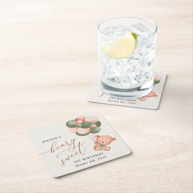 Baby Bear, Green Balloons, First Birthday Square Paper Coaster (Insitu)