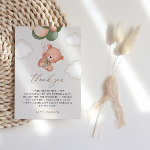 Baby Bear, Green Balloons, First Birthday Thank You Card