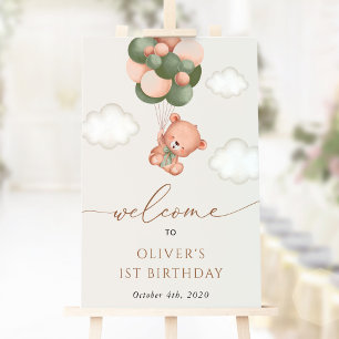 Baby Bear, Green Balloons, First Birthday Welcome Poster