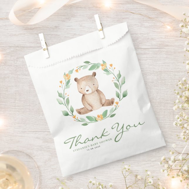 Baby Bear Greenery Wreath Baby Shower Thank You Favour Bags (Clipped)