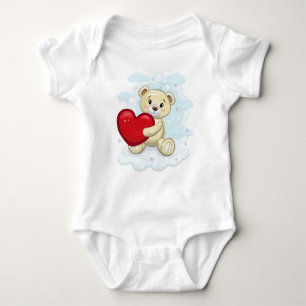 "Baby Bear Holding Heart: Watercolor on Clouds Baby Bodysuit