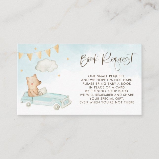 Baby Bear in a Car Baby Shower Blue Book Request Enclosure Card (Front)