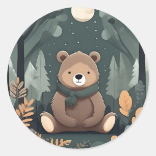 Baby Bear In Forest With Moon Classic Round Sticker