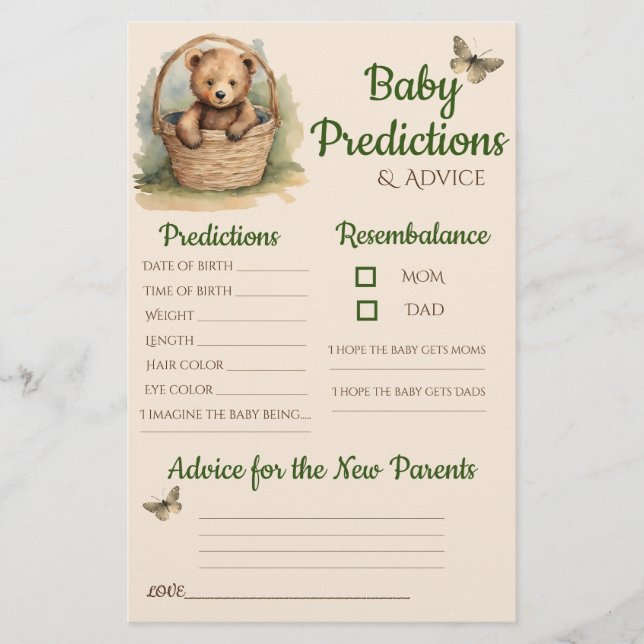 Baby Bear Neutral Baby Predictions Advice Card (Front)