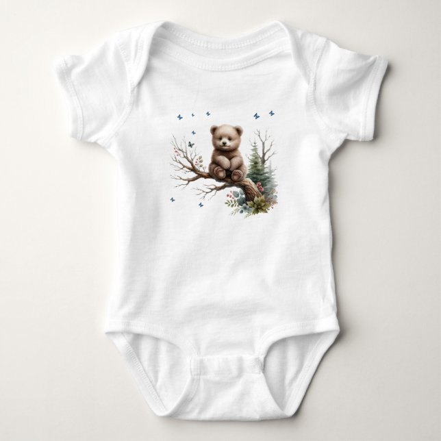 Baby Bear on a log Baby Bodysuit (Front)