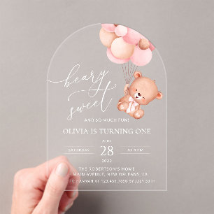 Baby Bear, Pink Balloons, First Birthday Acrylic Invitations