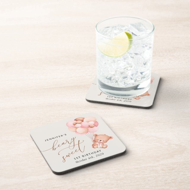 Baby Bear, Pink Balloons, First Birthday Coaster (Right Side)