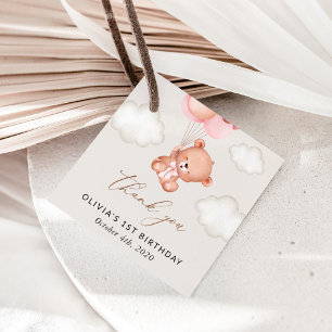 Baby Bear, Pink Balloons, First Birthday Favour Tags