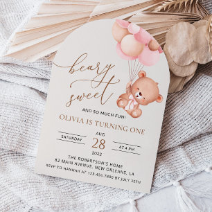 Baby Bear, Pink Balloons, First Birthday Invitation