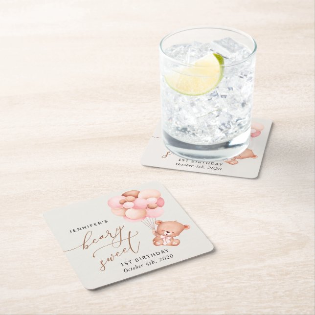 Baby Bear, Pink Balloons, First Birthday Square Paper Coaster (Insitu)