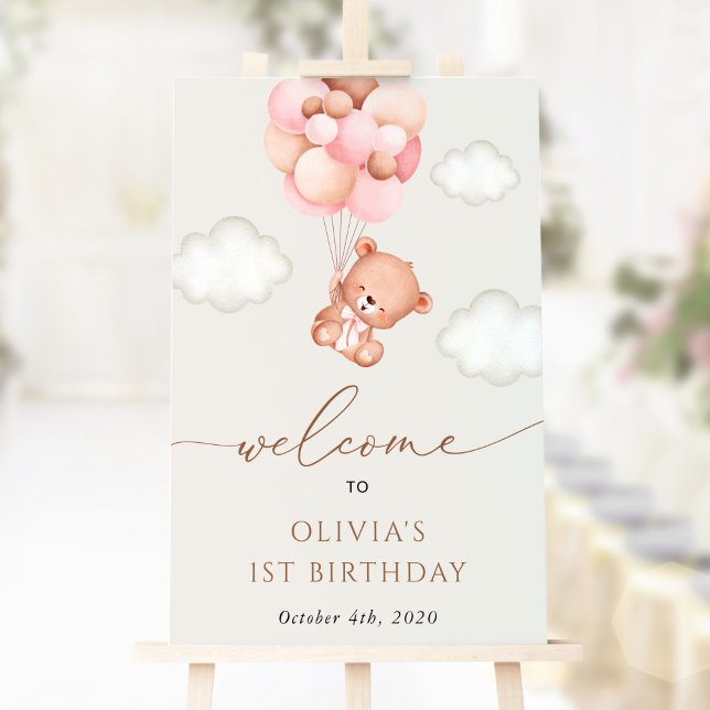 Baby Bear, Pink Balloons, First Birthday Welcome Poster (Creator Uploaded)