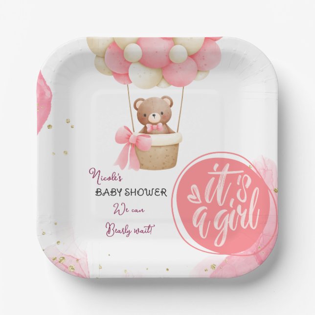 Baby Bear Pink Gold Hot Air Balloon Baby Shower Paper Plate (Front)