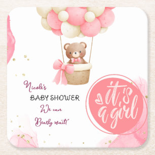Baby Bear Pink Gold Hot Air Balloon Baby Shower Square Paper Coaster