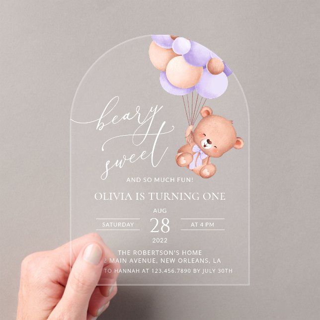 Baby Bear, Purple Balloons, First Birthday Acrylic Invitations (Insitu (Handheld))