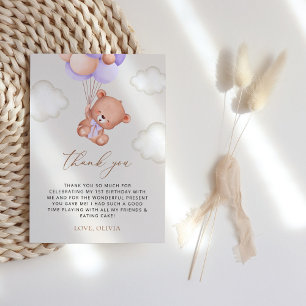 Baby Bear, Purple Balloons, First Birthday Thank You Card
