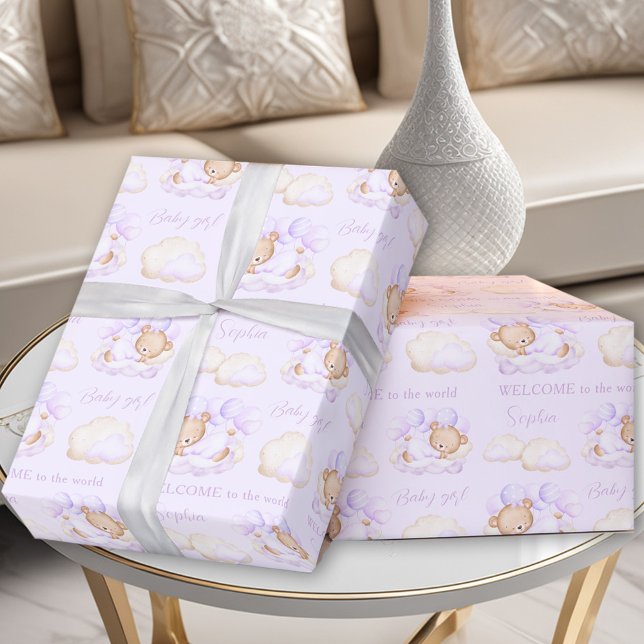 Baby Bear Purple Lavender Newborn Baby Girl Name Wrapping Paper (Baby Bear Purple Lavender Newborn Baby Girl Name Wrapping Paper)