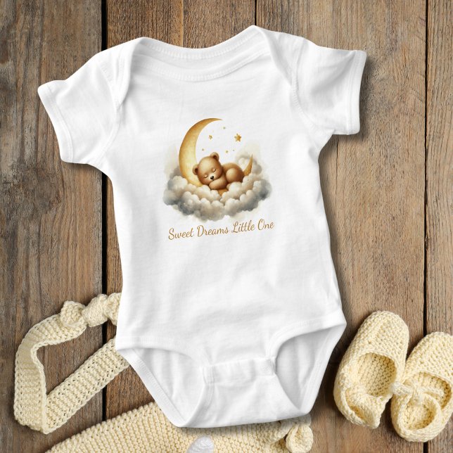 Baby Bear Sleeping in Moon Cloud Baby Shower Gift Baby Bodysuit (Sleeping Baby Bear on Cloud and Crescent moon. Gold White. Baby Shower Gift, Gift for new baby)