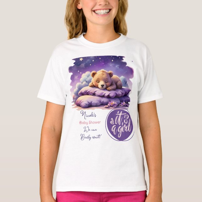 Baby Bear Sleeping Purple Galaxy Girl Baby Shower T-Shirt (Front)