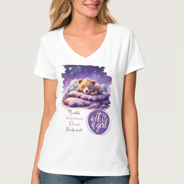 Baby Bear Sleeping Purple Galaxy Girl Baby Shower T-Shirt (Front)