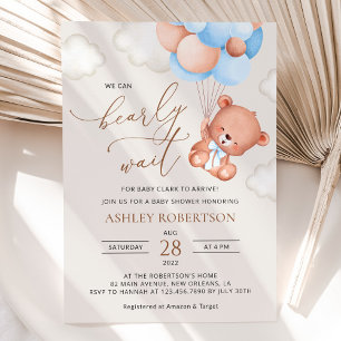 Baby Bear, Teddy Bear, Blue Balloons, Baby Shower Invitation
