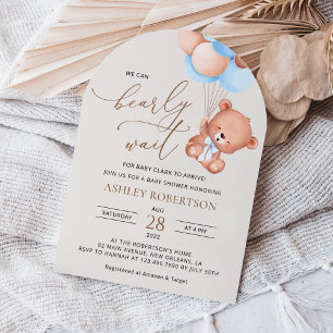 Baby Bear, Teddy Bear, Blue Balloons, Baby Shower Invitation