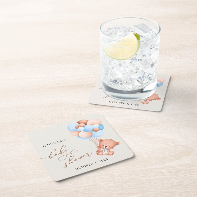 Baby Bear, Teddy Bear, Blue Balloons, Baby Shower Square Paper Coaster (Insitu)
