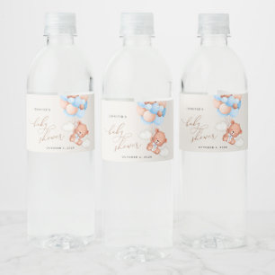 Baby Bear, Teddy Bear, Blue Balloons, Baby Shower Water Bottle Label