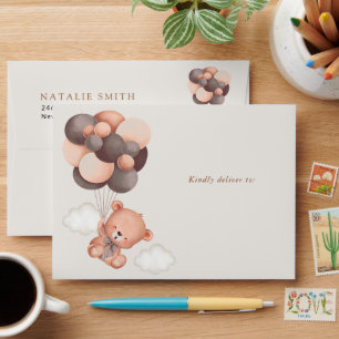 Baby Bear, Teddy Bear, Brown Balloons, Baby Shower Envelope