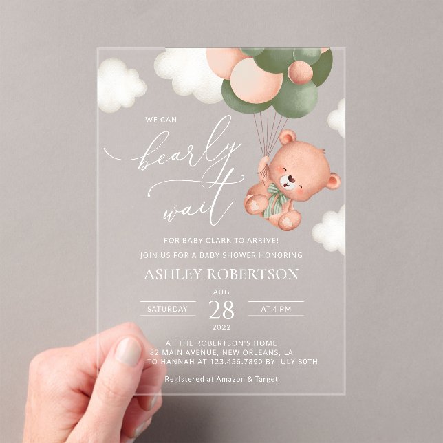 Baby Bear, Teddy Bear, Green Balloons, Baby Shower Acrylic Invitations (Insitu (Handheld))