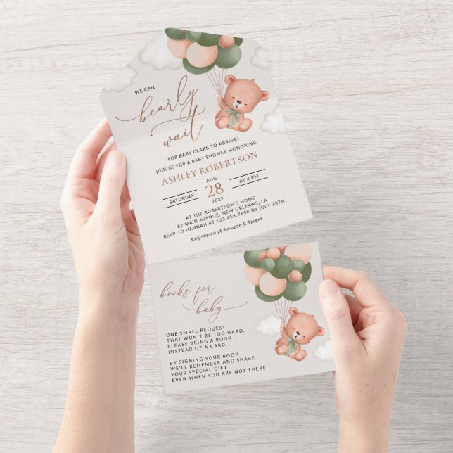 Baby Bear, Teddy Bear, Green Balloons, Baby Shower All In One Invitation (Tearaway)