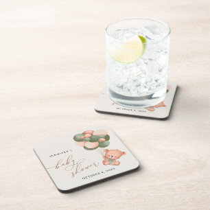 Baby Bear, Teddy Bear, Green Balloons, Baby Shower Coaster