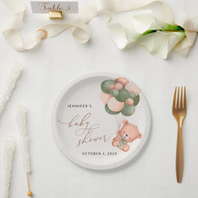 Baby Bear, Teddy Bear, Green Balloons, Baby Shower Paper Plate (Wedding)