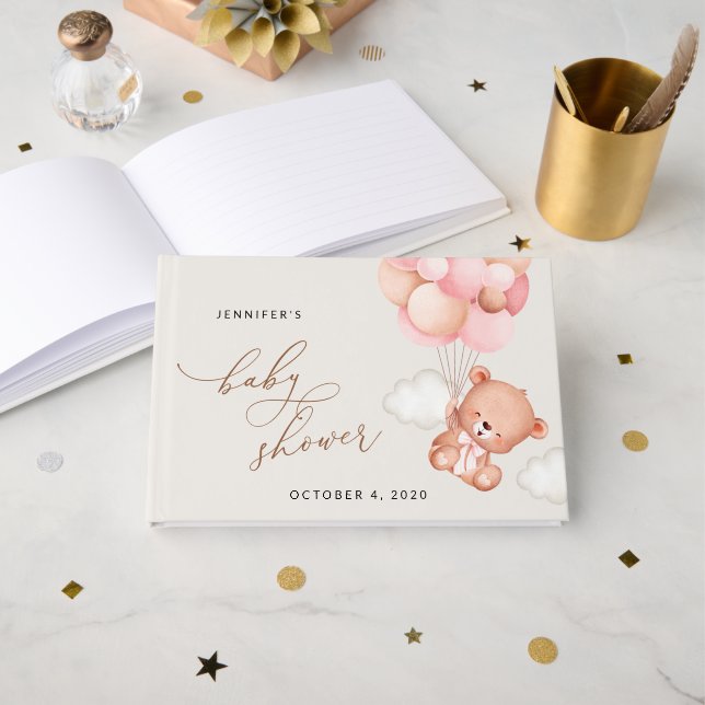Baby Bear, Teddy Bear, Pink Balloons, Baby Shower Guest Book (Front Open)
