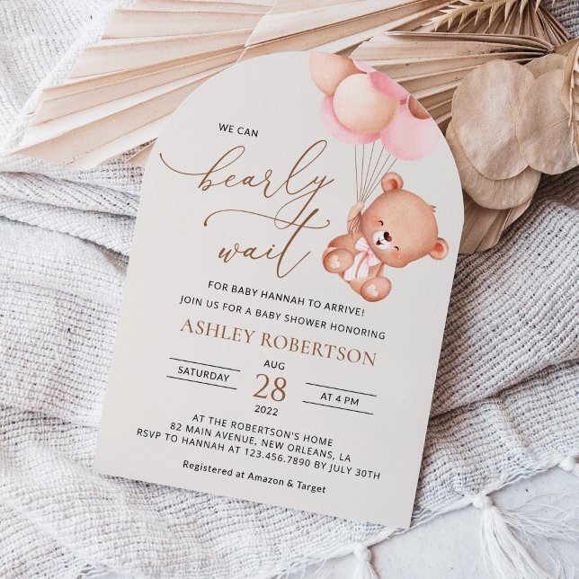 Baby Bear, Teddy Bear, Pink Balloons, Baby Shower Invitation (Creator Uploaded)