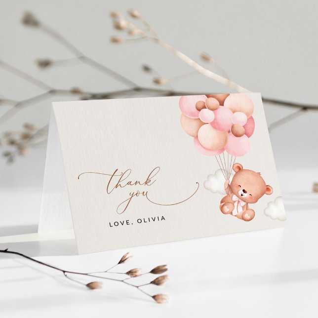 Baby Bear, Teddy Bear, Pink Balloons, Baby Shower Thank You Card (Creator Uploaded)
