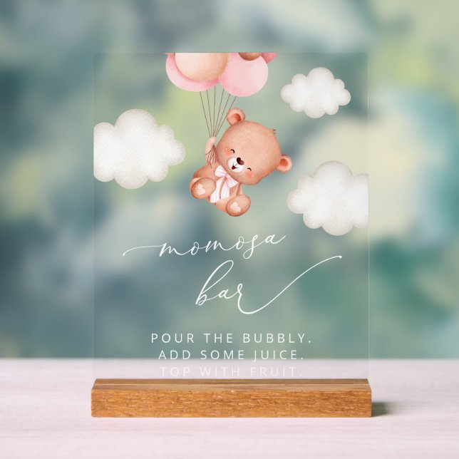 Baby Bear, Teddy Bear, Pink Balloons, Momosa Bar Acrylic Sign (Neutral)