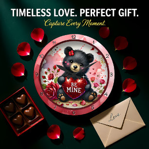 Baby Bear Valentine Red Heart Large Clock